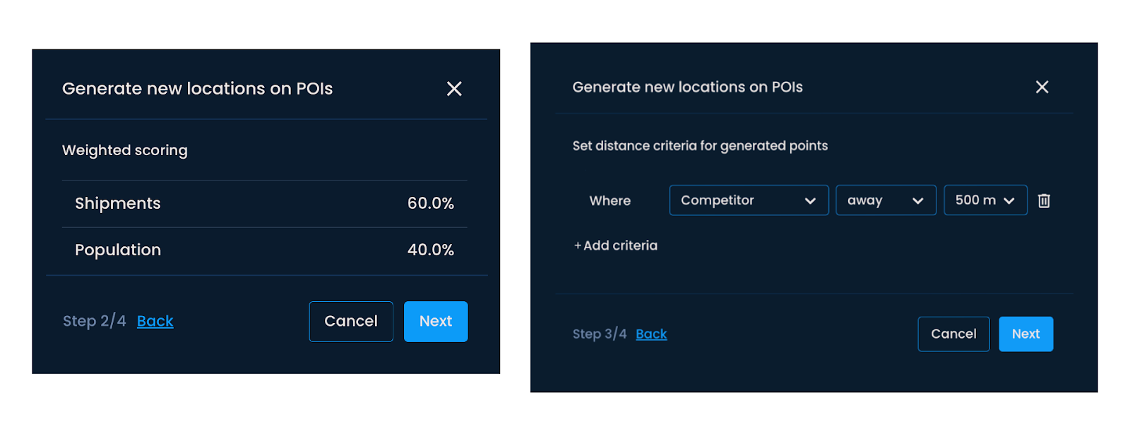 Setting up weighted scoring and distance criteria