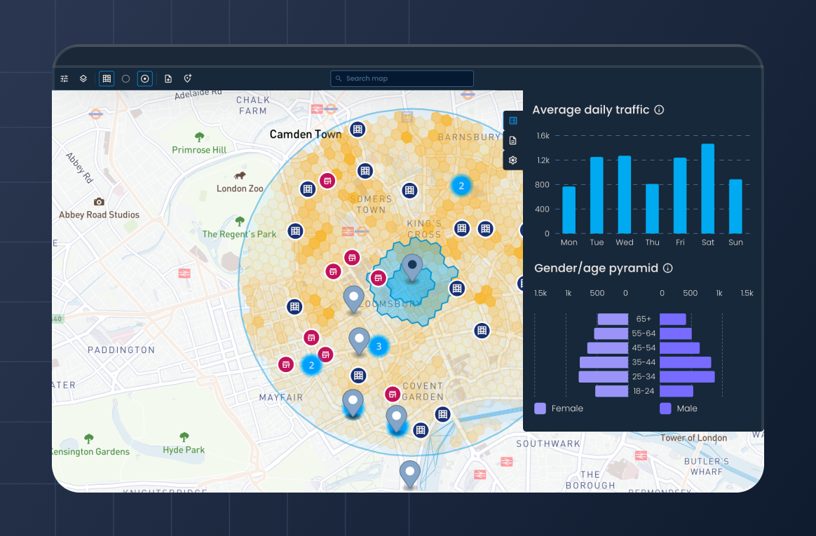 Map view of a lead near Camden Town with average daily traffic by day and a gender/age pyramid showing nearby demographic data.