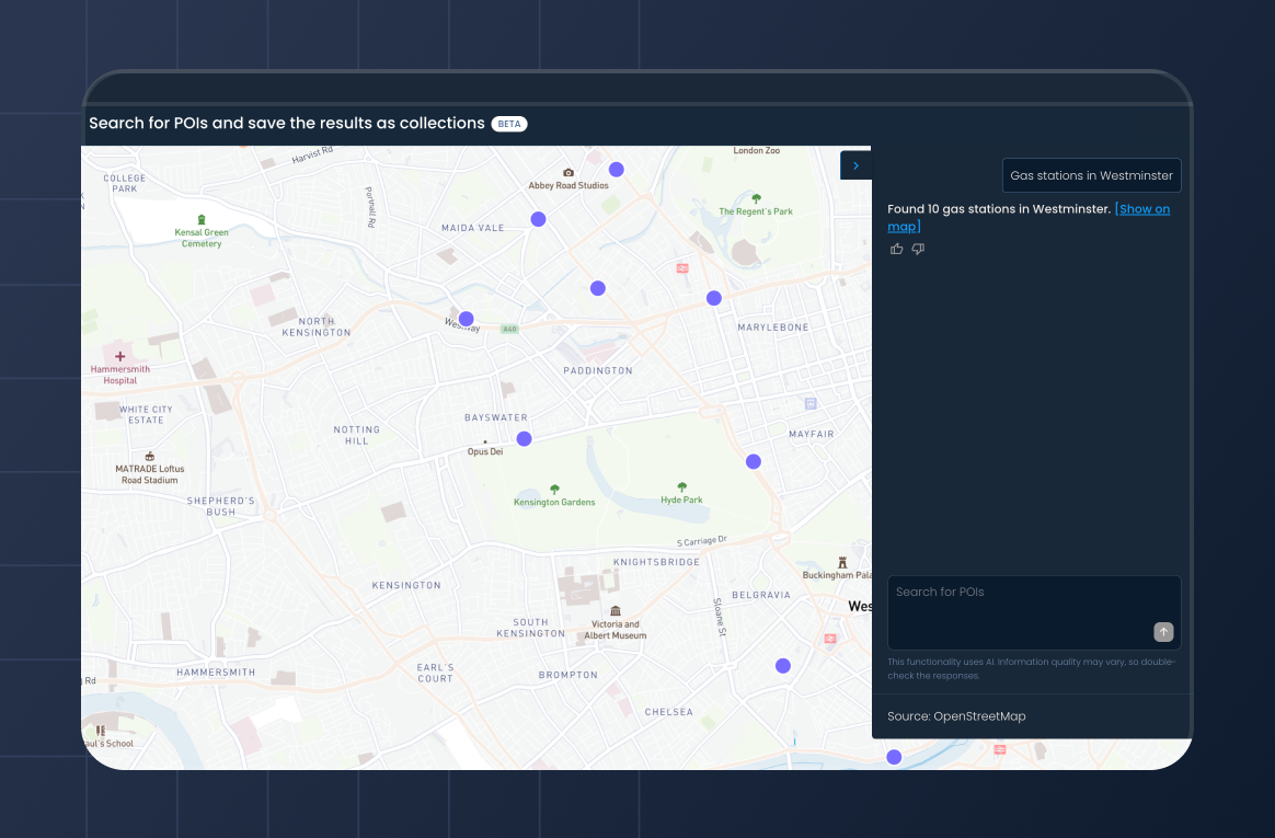 Find real-world points-of-interest data with POI AI by describing what you need. For example, "Gas stations in Wesminster."