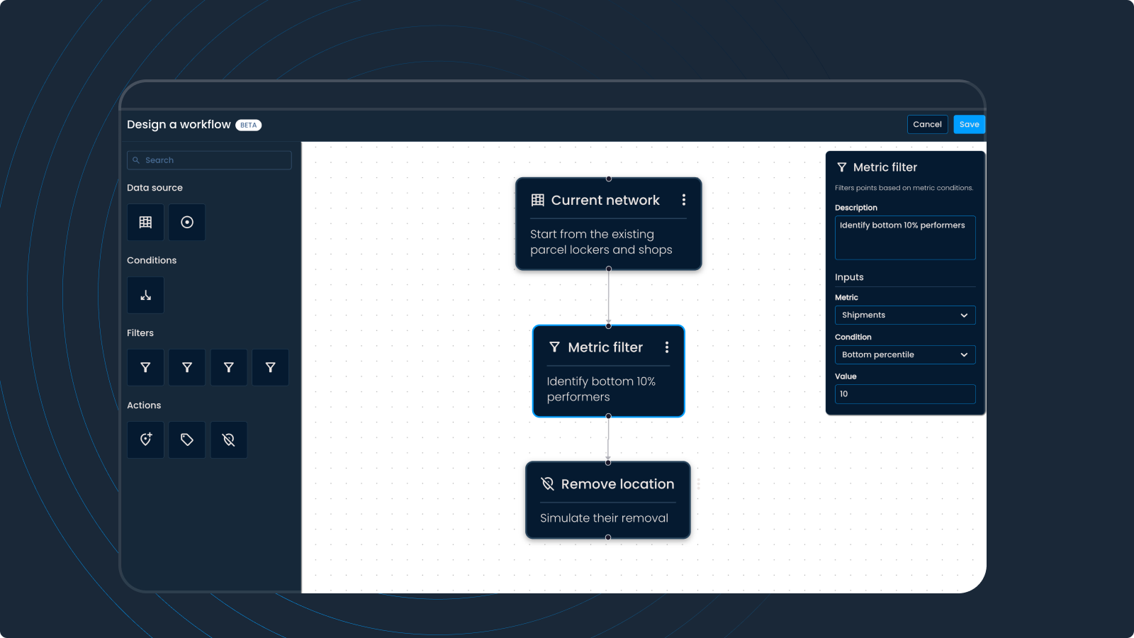 Build a workflow that automatically discovers underperforming parcel lockers and PUDOs and simulates the effect of their removal on the OOH delivery network.