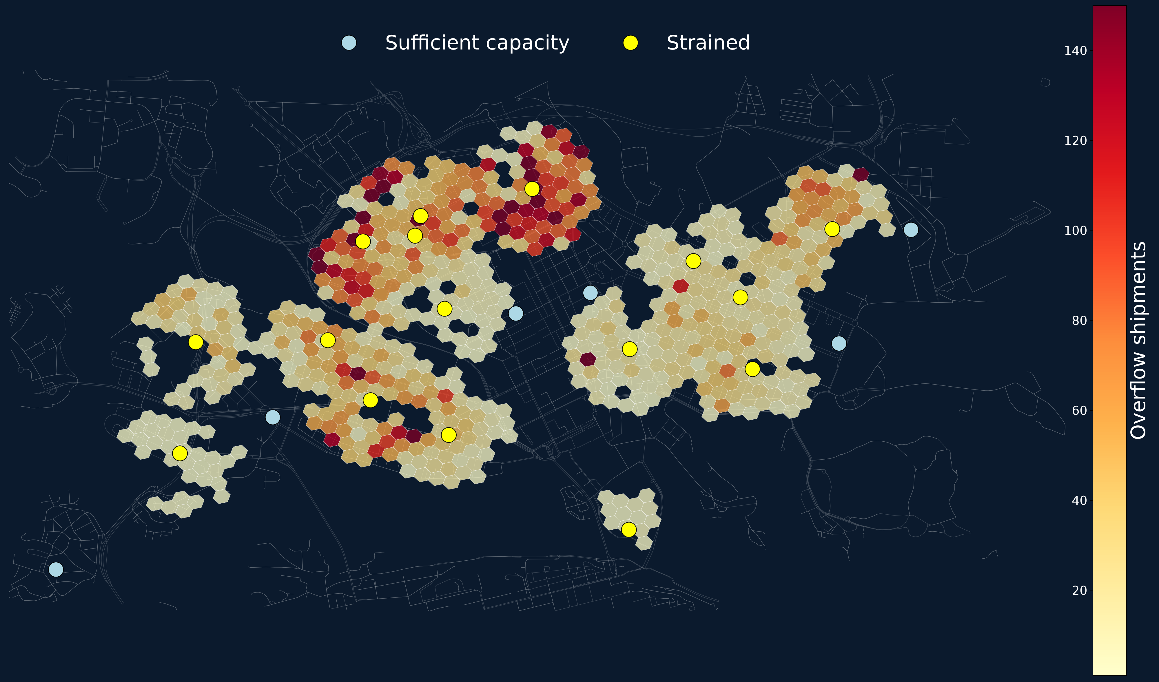 : The same map and peak-period projection, now showing overflow shipments per hexagon