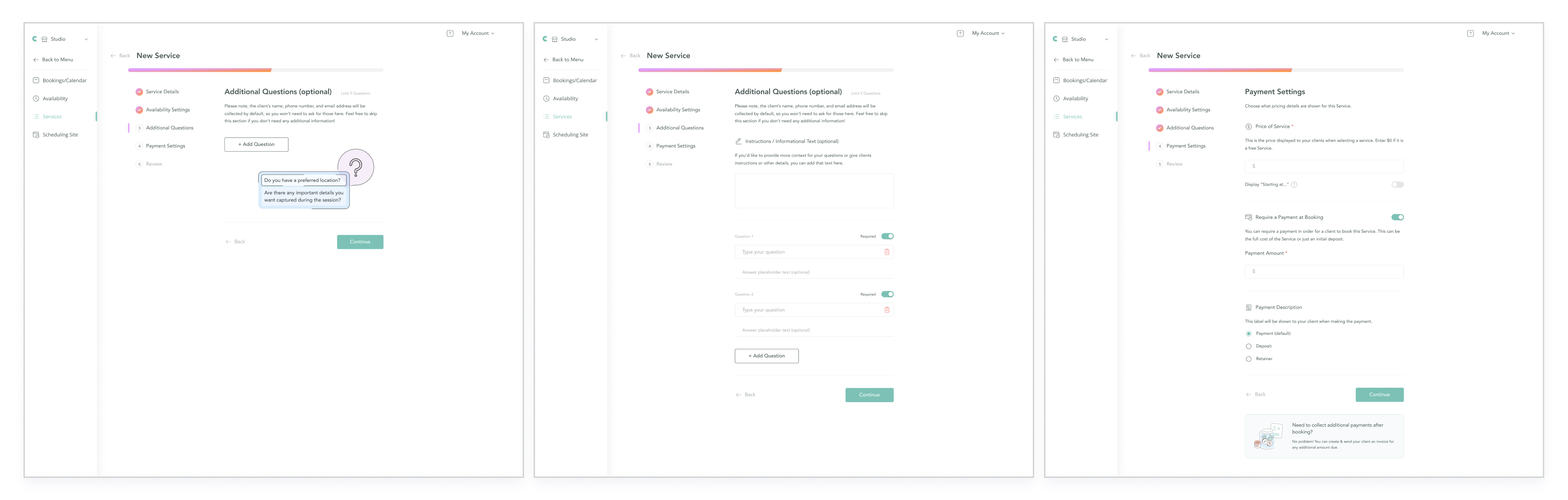Service creation screens