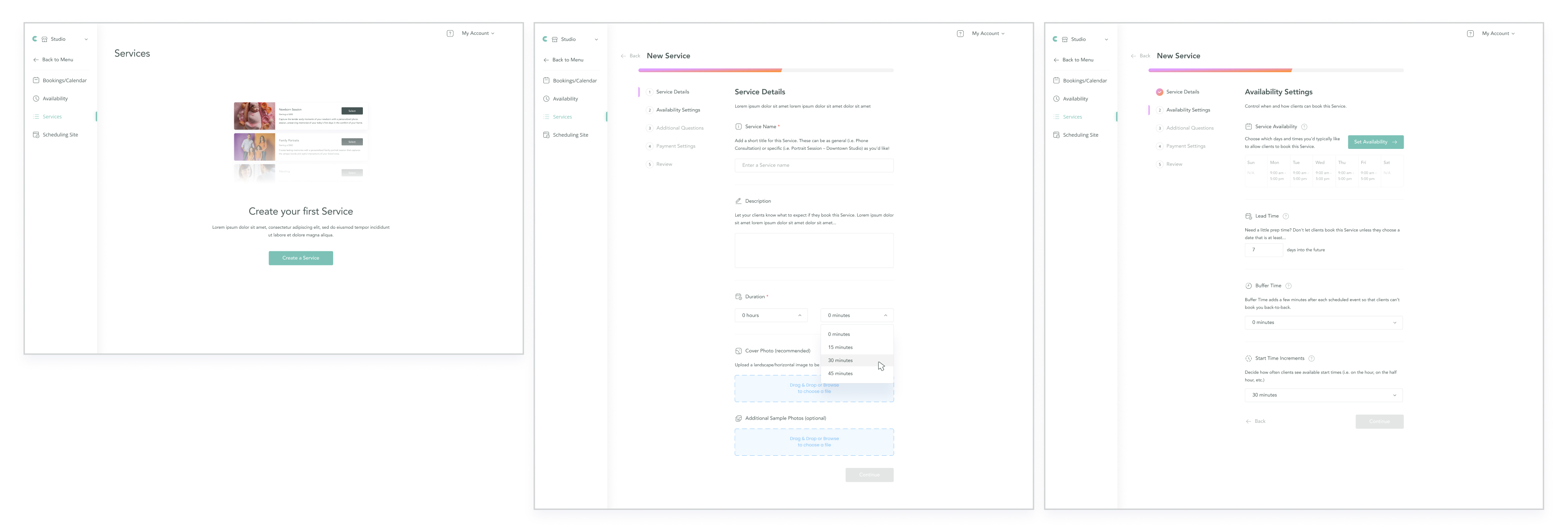 Service creation screens