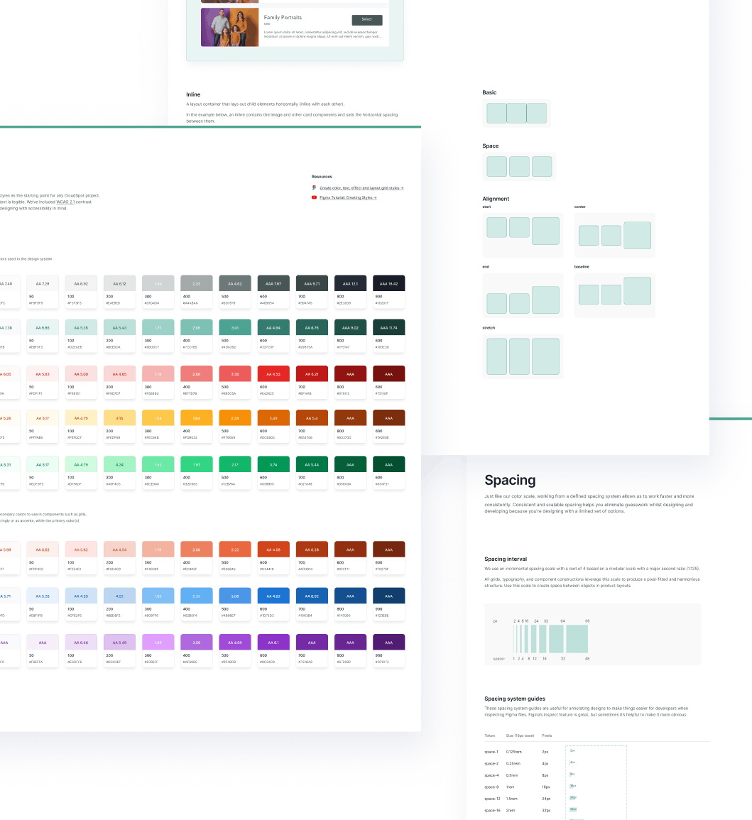 CloudSpot design system showing color tokens, spacing guidelines, and UI foundations.