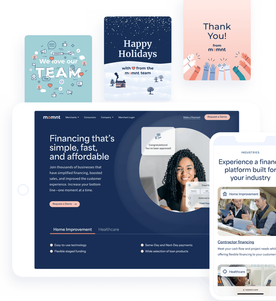 Brand design collage featuring website layouts, social graphics, event materials, and mobile screens.
