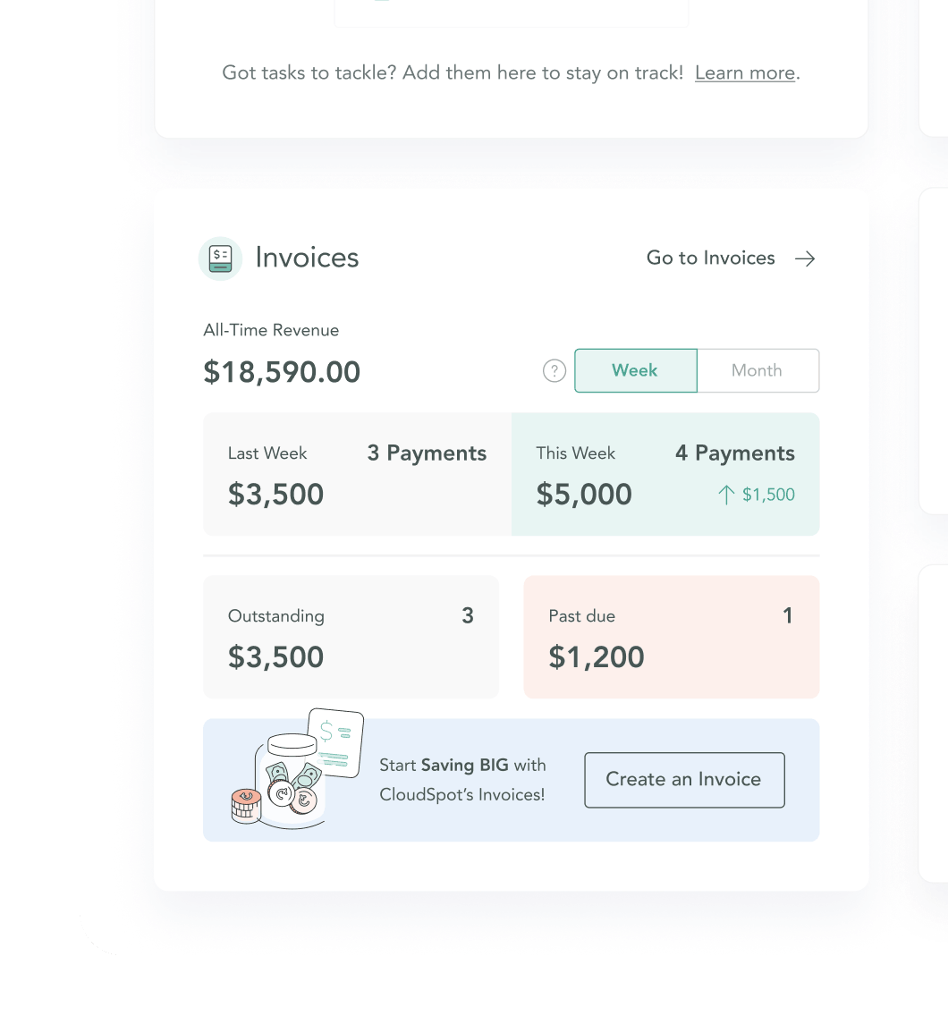 CloudSpot dashboard showing invoice revenue, payment status, and invoice actions.