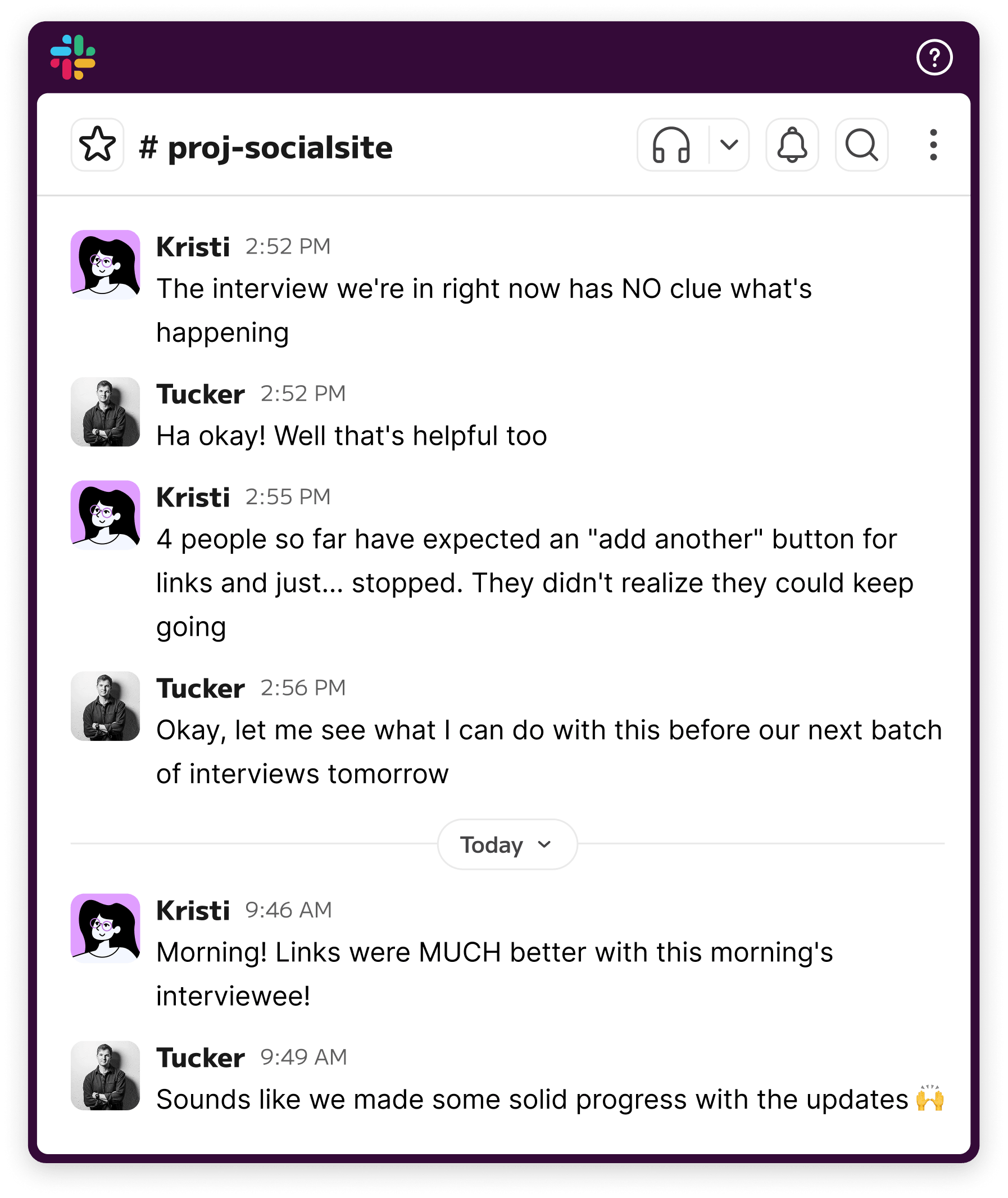 Slack conversation during Social Site research showing interview feedback and overnight changes that improved the link editor.