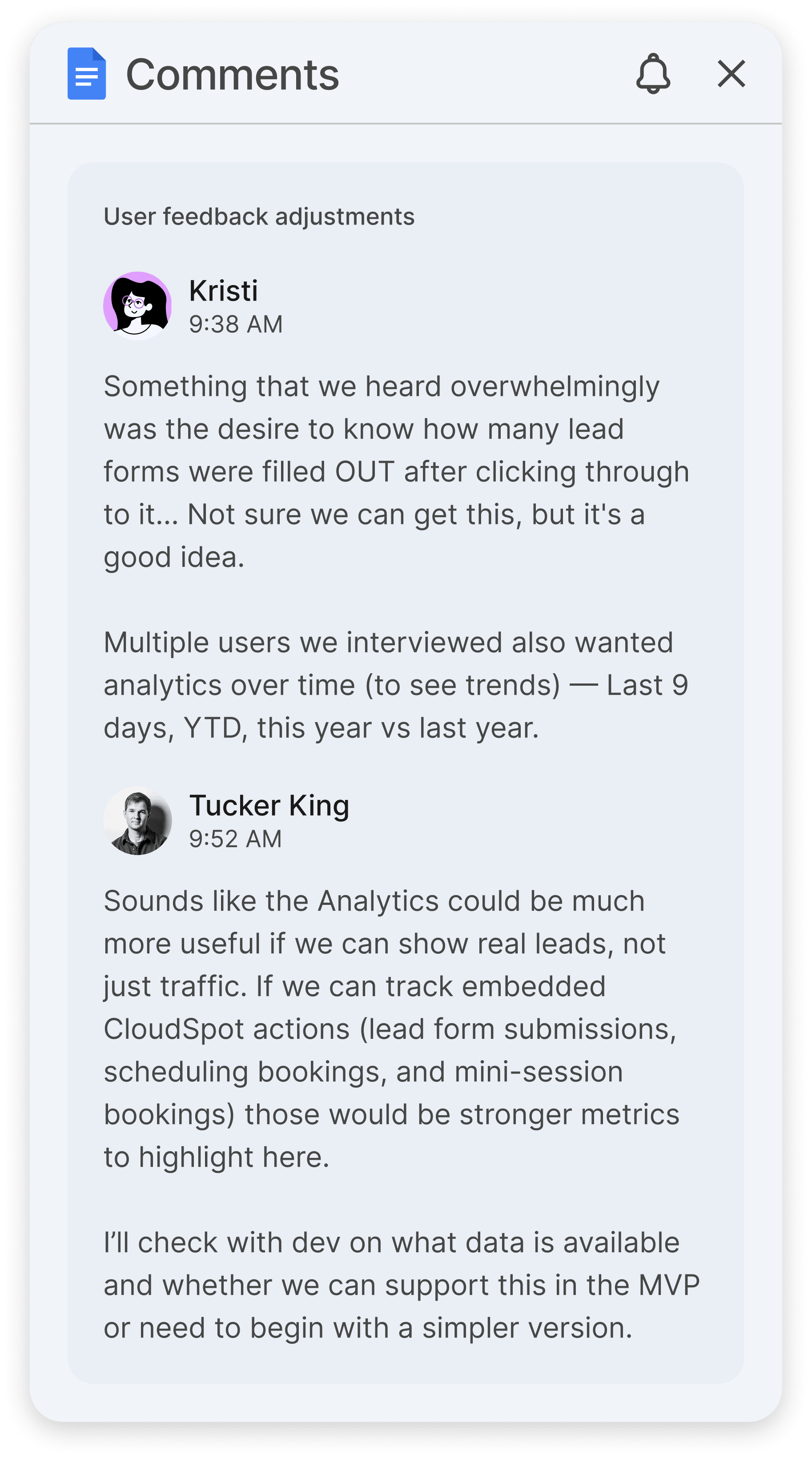 Product feedback comments showing requests for conversion-focused analytics and Tucker’s recommendation to track leads, bookings, and other meaningful outcomes.
