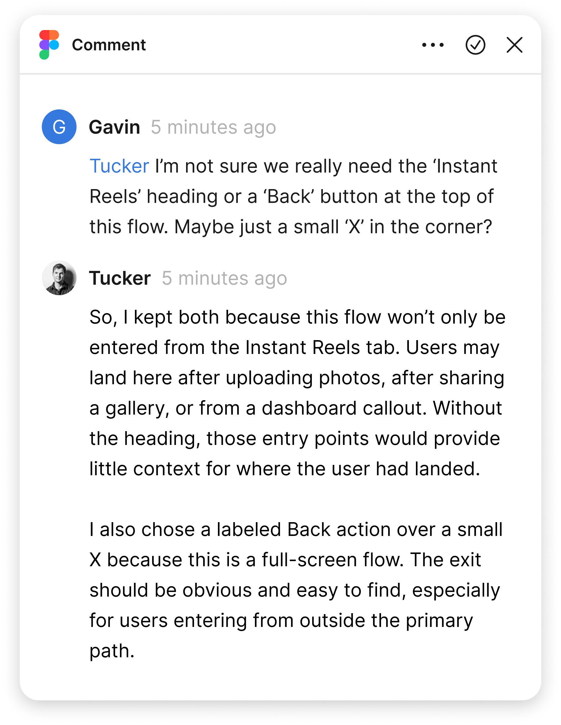 Design comment thread discussing the Instant Reels heading and Back action, with Tucker explaining why both were needed across multiple entry points.