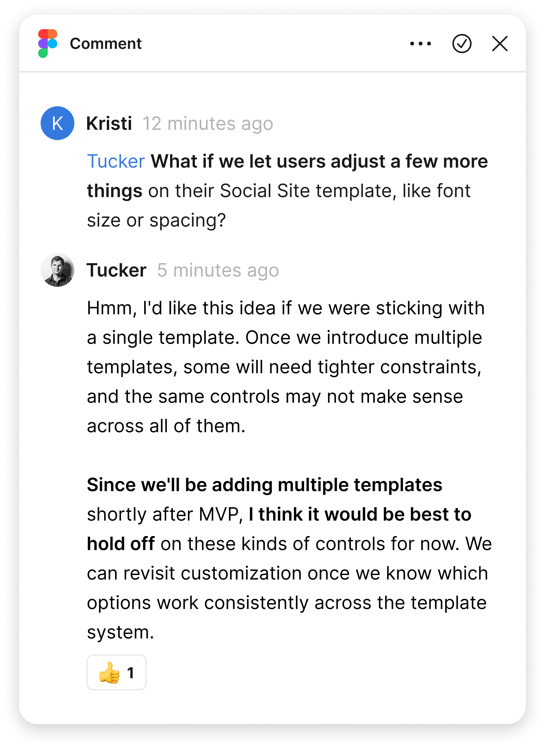 Design comment thread about adding more Social Site customization, with Tucker recommending deferring it until the multi-template system was defined.