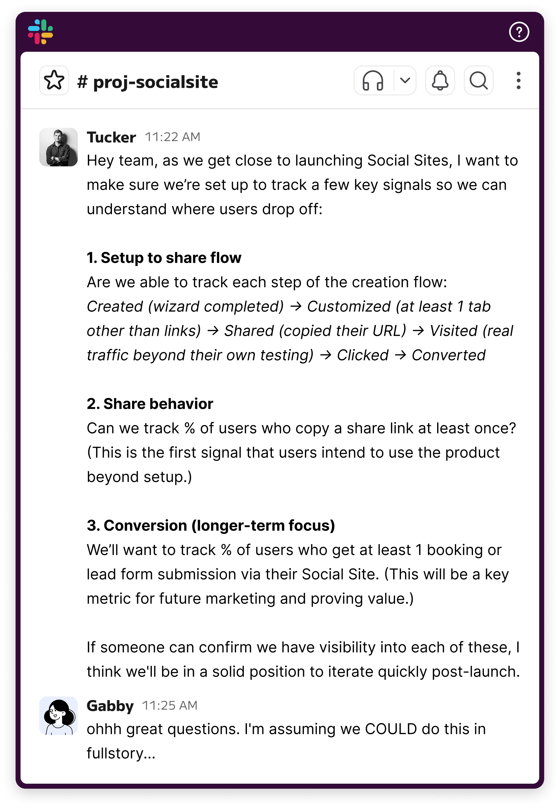 Slack message from Tucker outlining post-launch success metrics for Social Sites, including setup progression, sharing behavior, and conversion.