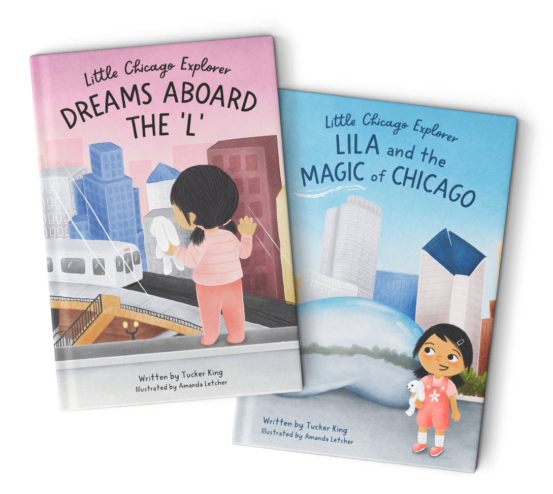 Two illustrated children's books titled 'Little Chicago Explorer: Dreams Aboard the L' featuring a girl looking at a train in a cityscape, and 'Little Chicago Explorer: Lila and the Magic of Chicago' showing a girl holding a stuffed dog near the Cloud Gate sculpture with tall buildings behind.