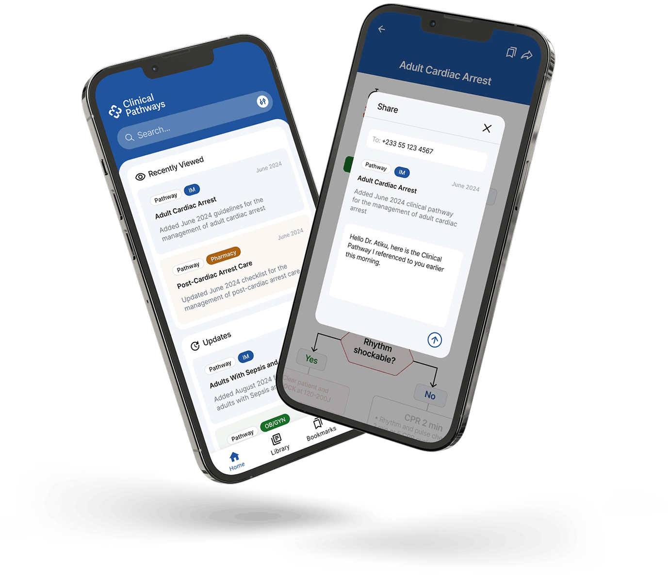 Two smartphones displaying a clinical pathways app; the left phone shows a search bar and lists recent and updated clinical pathways related to adult cardiac arrest, post-cardiac arrest care, sepsis, and obstetrics/gynecology. The right phone shows a share screen for the Adult Cardiac Arrest pathway with a message to Dr. Atiku referencing the clinical pathway.