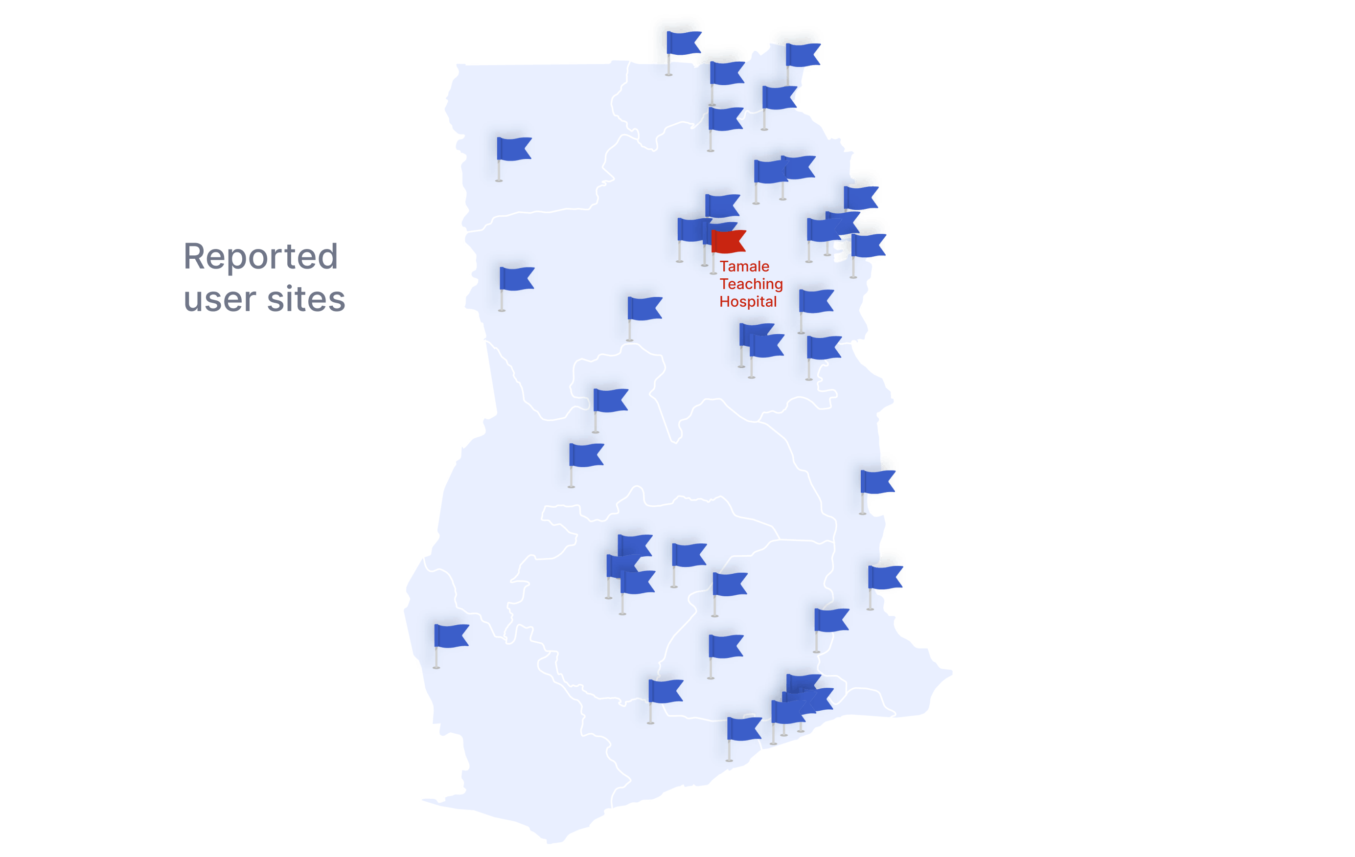 Map of Ghana showing multiple blue flags indicating reported user sites distributed mainly in the northern, eastern, and southern regions, and one red flag labeled Tamale Teaching Hospital in the northern part.