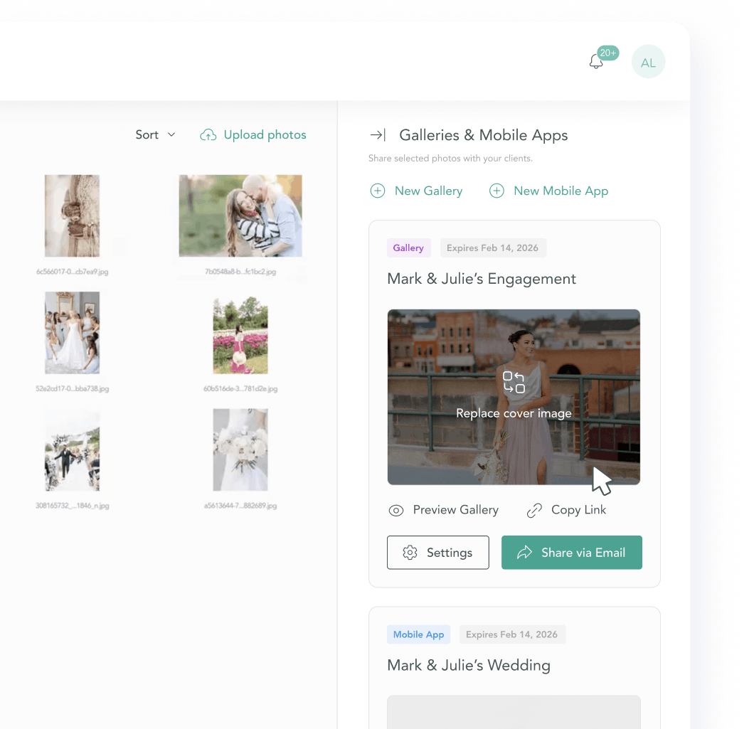 User interface screen showing a photo gallery management tool with image thumbnails on the left. On the right, sections for 'Galleries & Mobile Apps' display options to create a new gallery or mobile app, and a gallery titled 'Mark & Julie's Engagement' with an image of a smiling woman in a dress holding flowers as cover photo, including buttons for preview, copying link, settings, and sharing via email. Notifications icon at top right shows 20+ alerts.