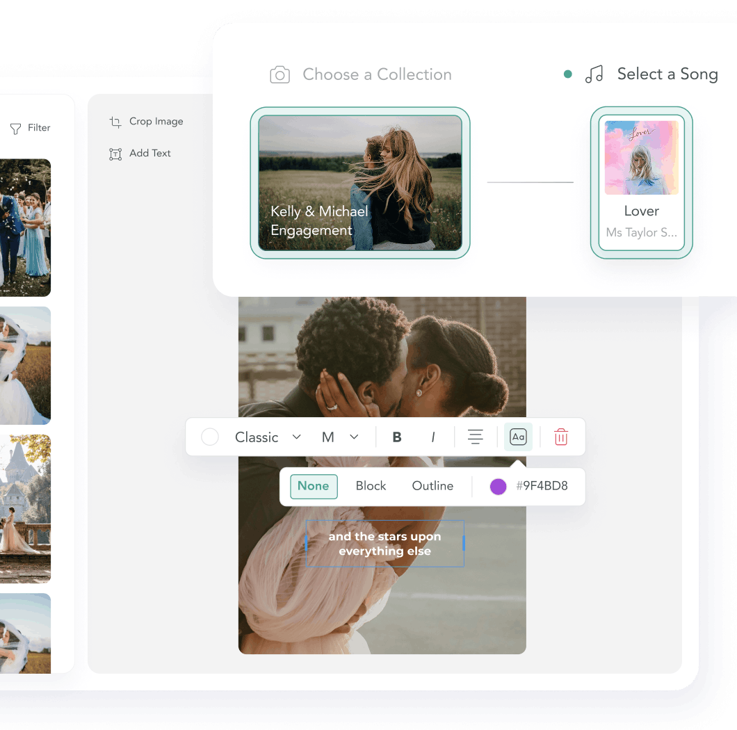 Screenshot of a video editing interface showing photo and song selection for a video titled 'Kelly & Michael Engagement' paired with the song 'Lover' by Taylor Swift; a photo editing toolbar is visible with font and text options over a photo of a couple kissing.