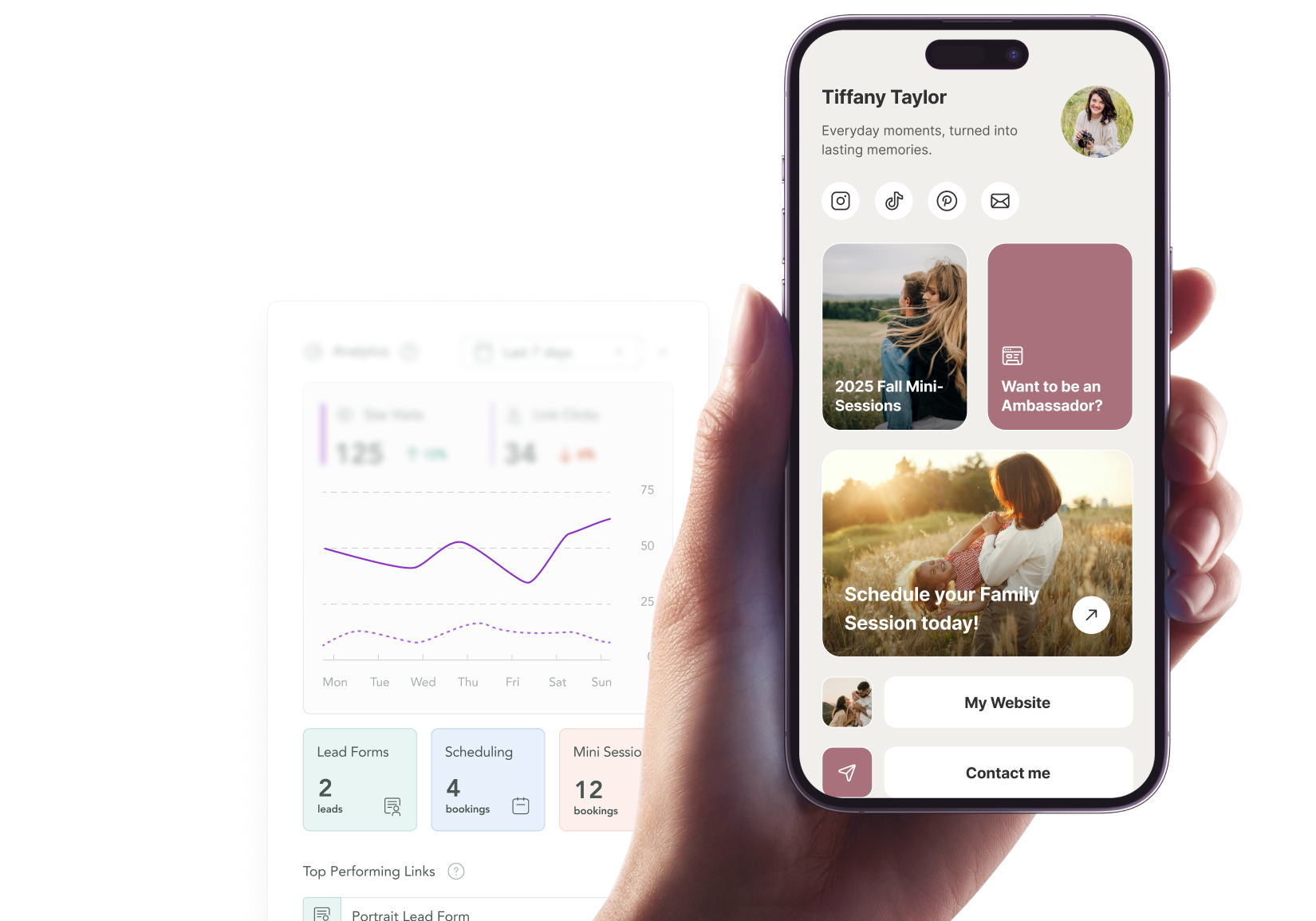 Hand holding a smartphone displaying Tiffany Taylor's profile with social icons, photo session offers including 2025 Fall Mini-Sessions, an ambassador invitation, and a family session scheduling option, plus buttons for My Website and Contact me.