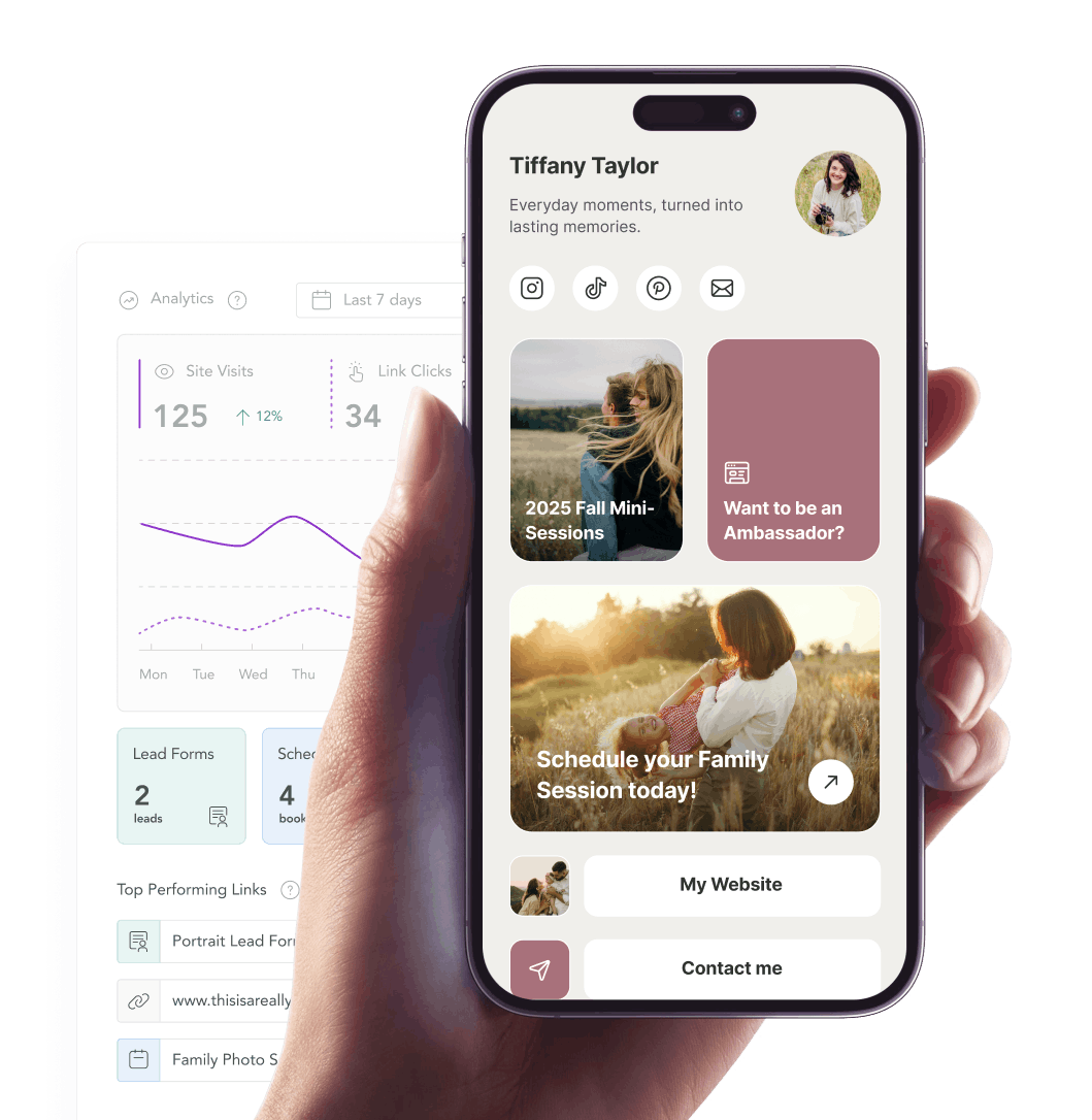 Social Site mobile profile shown alongside analytics for visits, clicks, lead forms, and bookings.