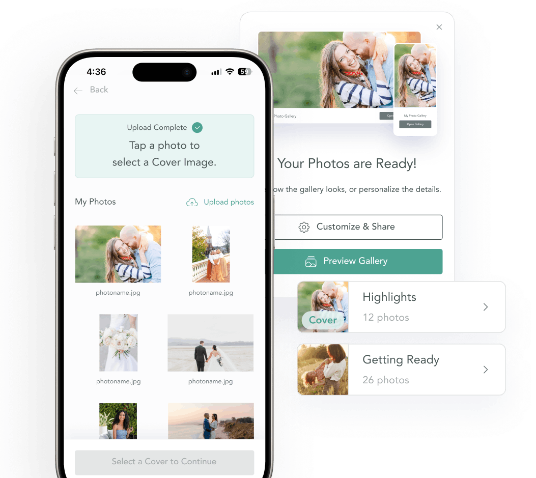 User interface screen showing a photo gallery management tool with image thumbnails on the left. On the right, sections for 'Galleries & Mobile Apps' display options to create a new gallery or mobile app, and a gallery titled 'Mark & Julie's Engagement' with an image of a smiling woman in a dress holding flowers as cover photo, including buttons for preview, copying link, settings, and sharing via email. Notifications icon at top right shows 20+ alerts.