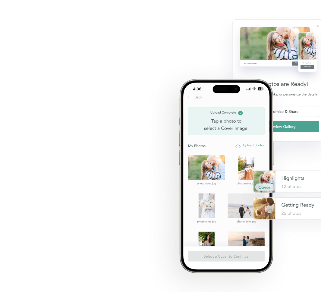 User interface showing a photo gallery management screen with options to upload photos, sort, create new galleries or mobile apps, and share via email. A gallery named 'Mark & Julie’s Engagement' is selected with a cover image of a woman in a dress outdoors, and buttons for previewing, copying link, settings, and sharing.