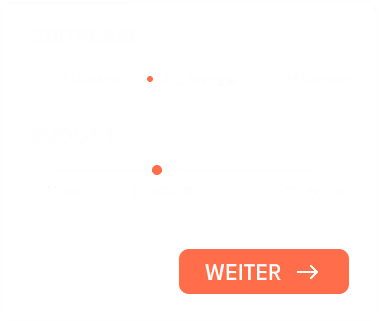 Ausschnitt aus einem Qualifizierungsformular mit Zeitachsenauswahl, Budget-Schieberegler und Schaltfläche „Weiter“ zur Vorqualifizierung von Projektanfragen