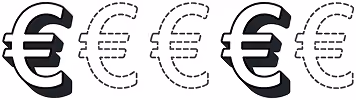 Sequence of five Euro currency symbols with decreasing opacity from left to right, showing a progression from bold black to dashed outline.