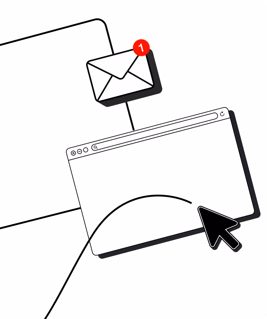 Abbildung einer E-Mail-Benachrichtigung, die auf ein Browserfenster verweist und die automatische Bearbeitung von Anfragen symbolisiert