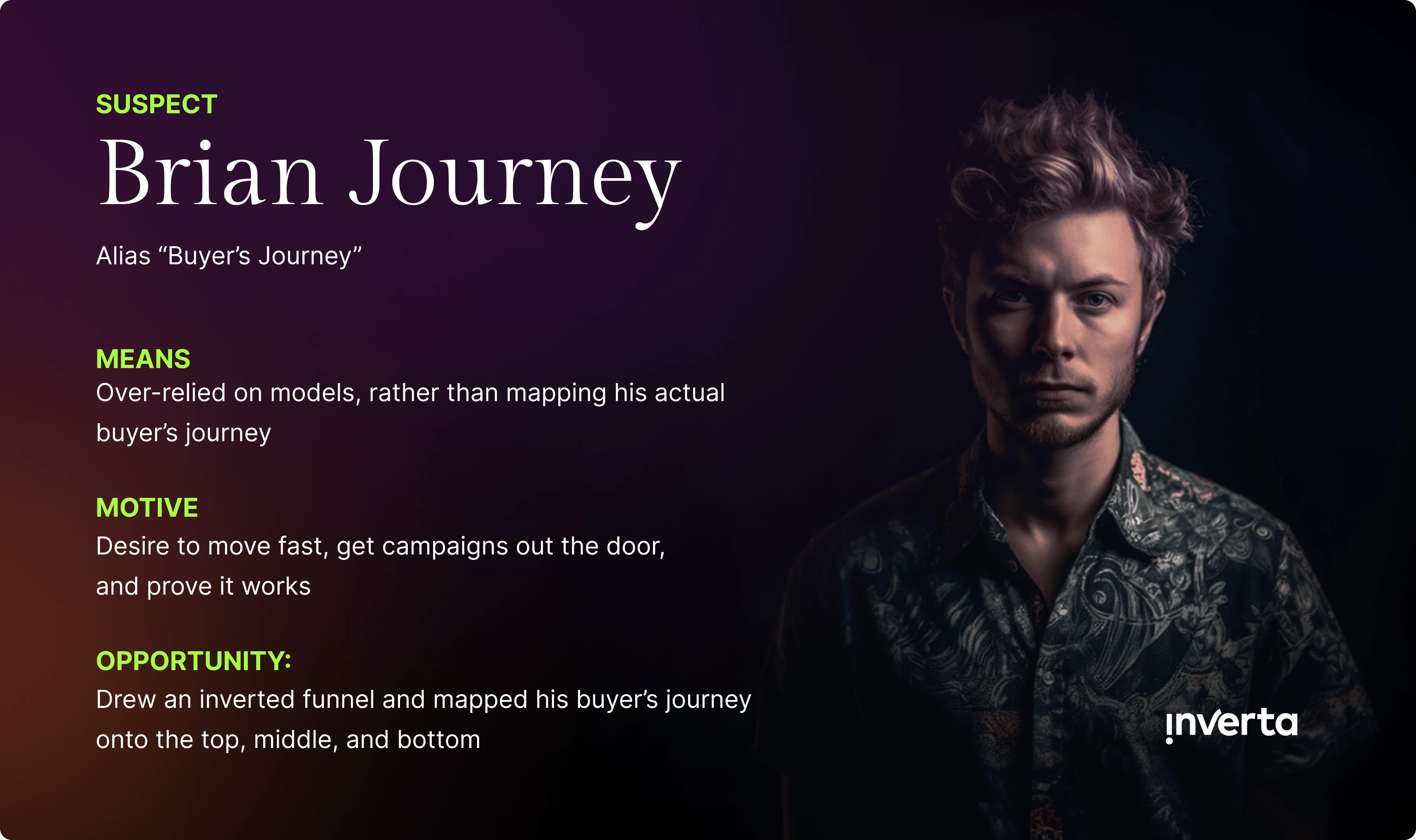  A satirical "suspect" profile of Brian Journey (alias "Buyer's Journey"), who over-relied on models instead of mapping the actual buyer's journey.