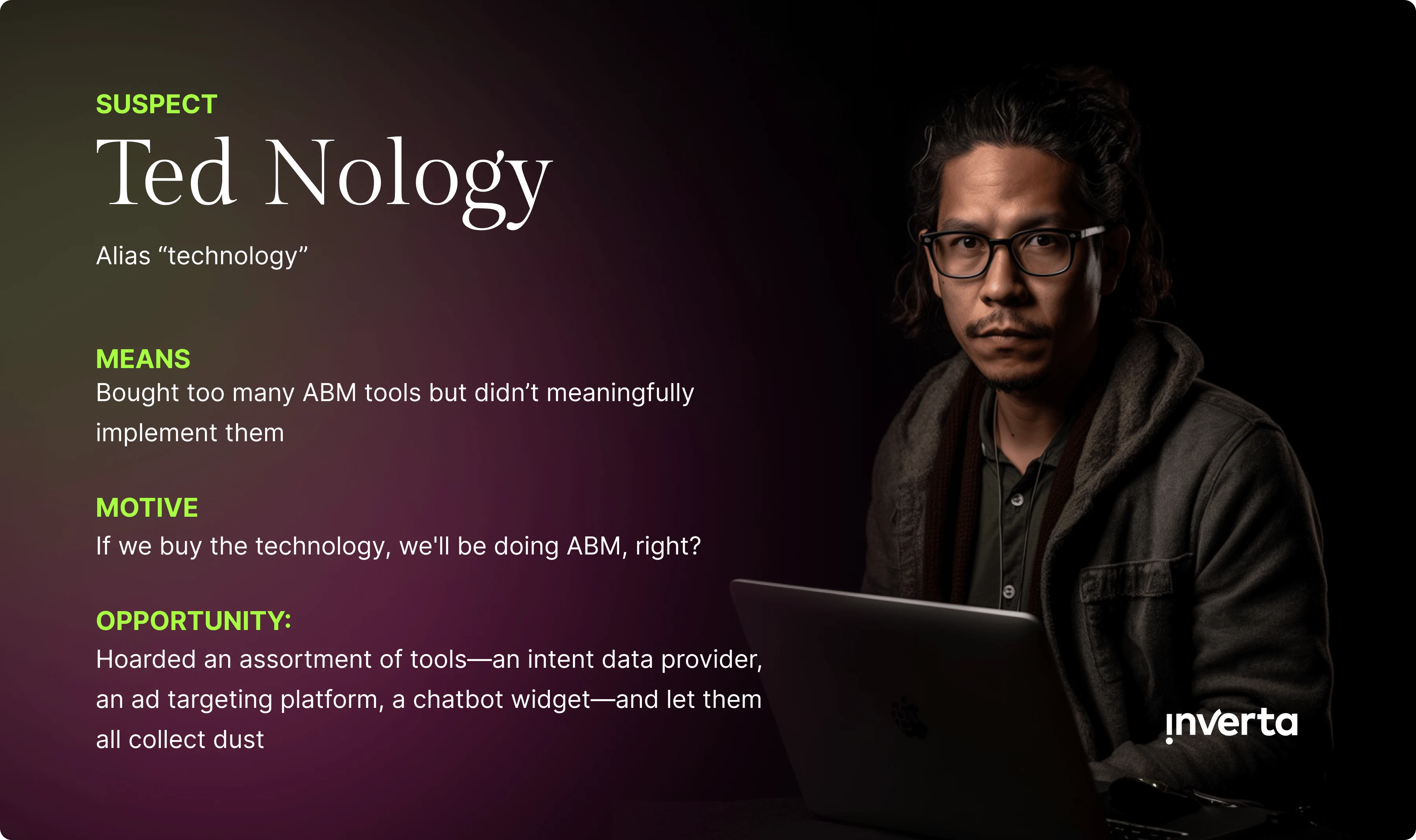  Man in glasses and a hoodie with text about Ted Nology's technology failures.