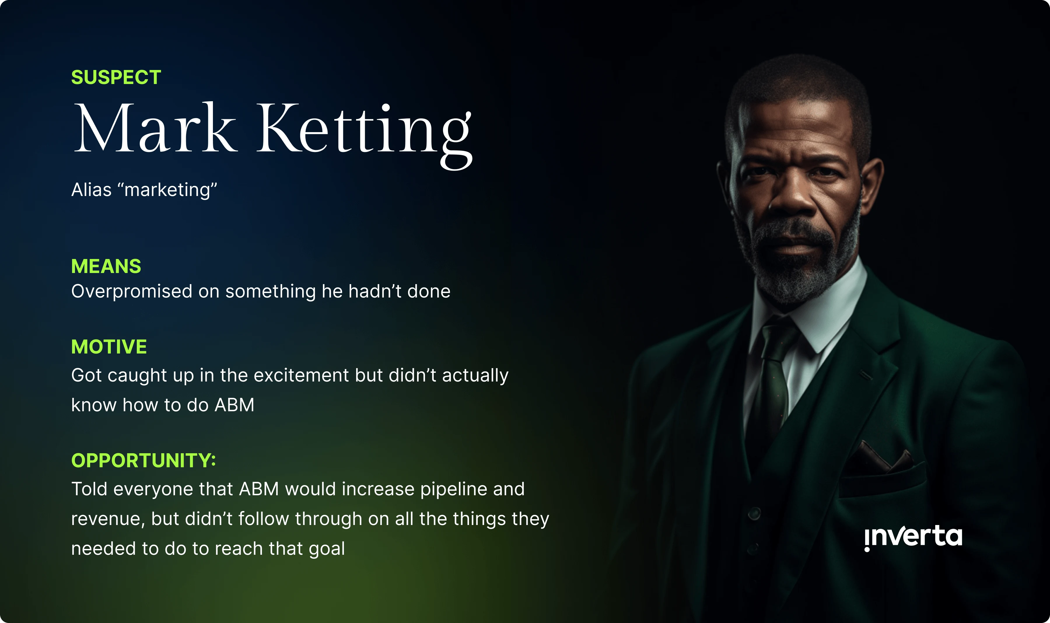 Man in green suit with text about Mark Ketting's marketing failures.