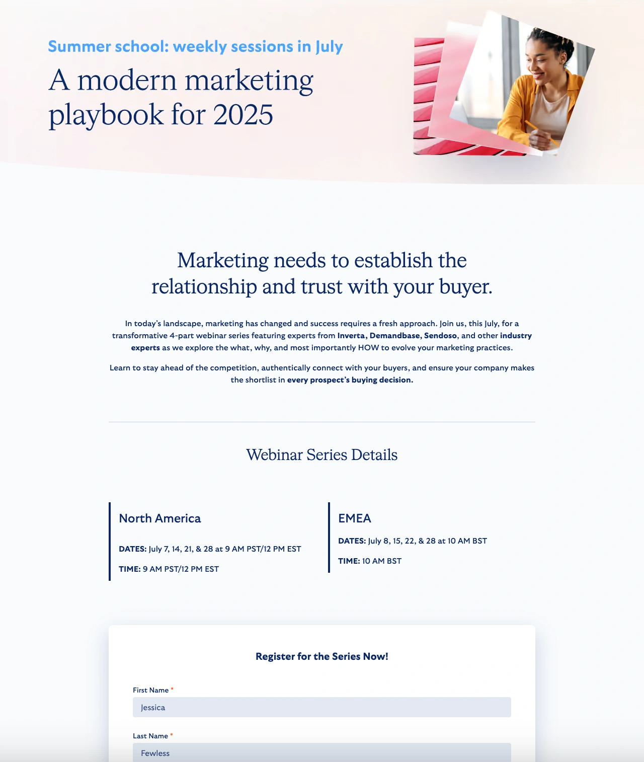 This landing page advertises a "Summer school" webinar series in July, titled "A modern marketing playbook for 2025," to help evolve marketing practices.