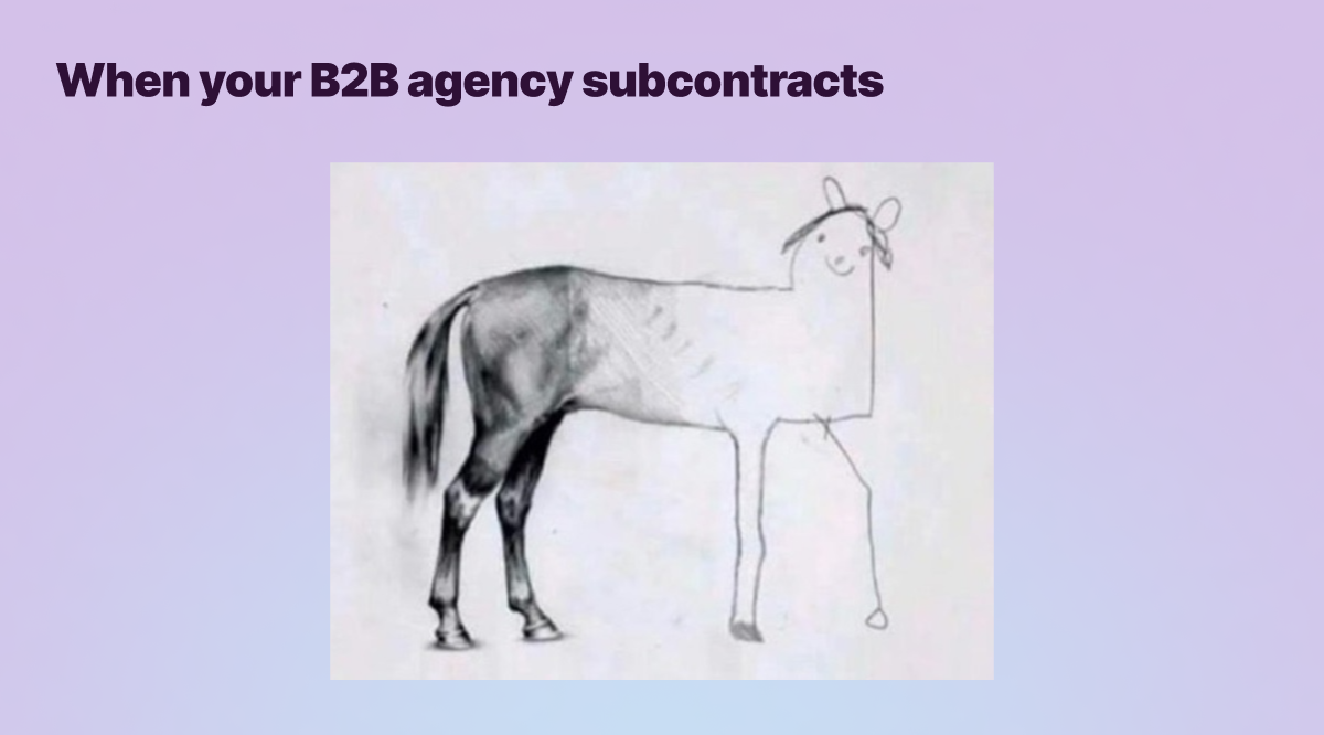 A humorous memetic screenshot of a poorly drawn horse representing half-delivered work