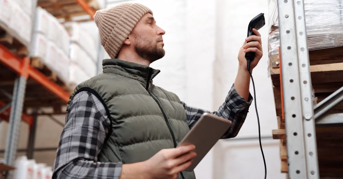 Male warehouse worker scanning inventory with handheld scanner for 3PL fulfillment chargeback reduction