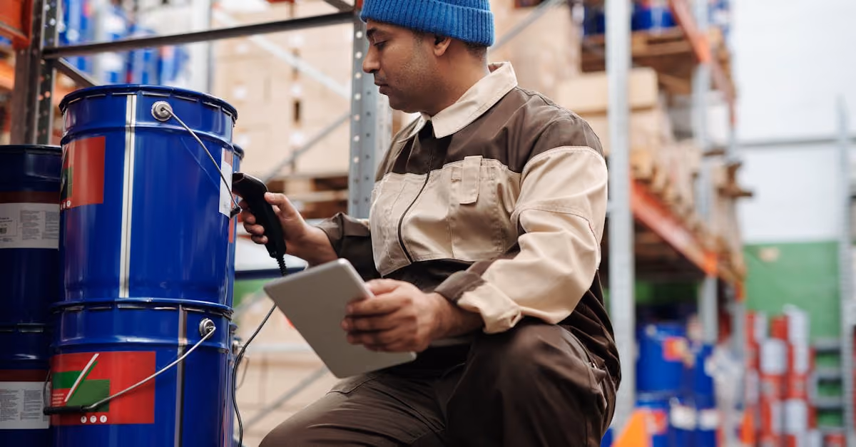 Warehouse employee scanning items with tablet for Cloudbox Bluetooth scale wireless verification