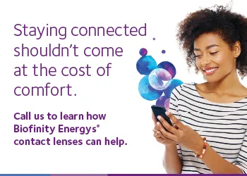 Biofinity Energys contact lenses graphic with lady looking at cell phone