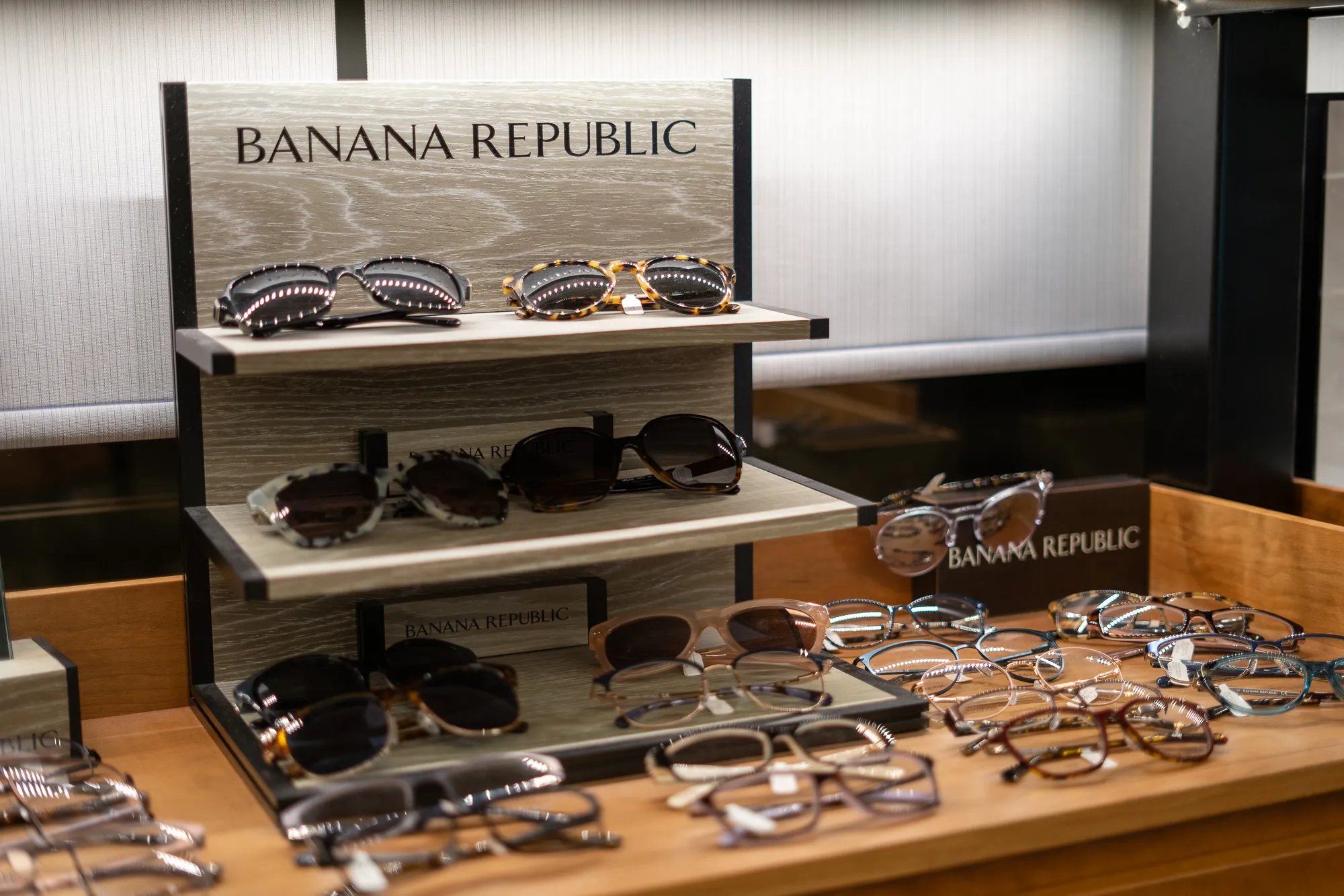 Banana Republic display with sunglasses and glasses