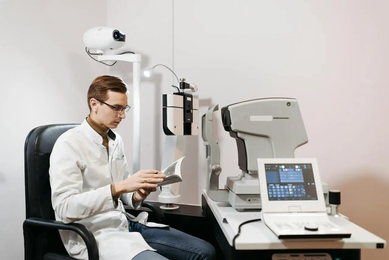 eye doctor reading in the exam room