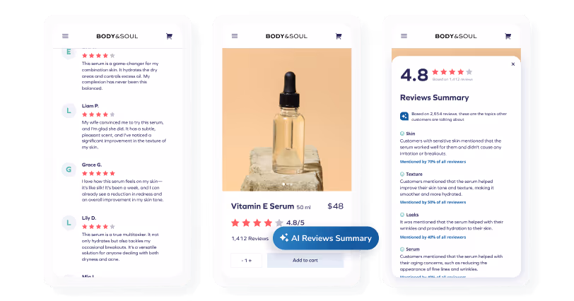 Image of AI Reviews summary for Product Reviews for 'Vitamin E Serum' on the Body & Soul Page