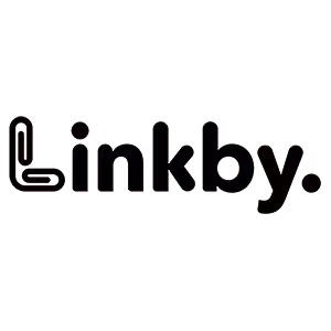 Black stylized text logo reading 'Linkby' with a paperclip forming the letter L.
