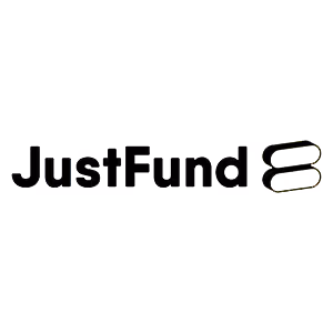 JustFund8 logo with stylized black text and a connected number eight symbol.