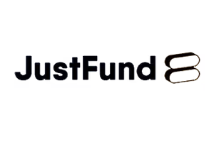 JustFund logo with stylized black text and a gold emblem resembling an abstract letter E.