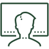 Simple black and white icon of a developer with code on a computer monitor.