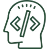 Outlined head with code symbols inside representing software development or programming.