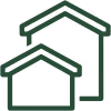 Two overlapping house icons in green, one smaller in front of a larger one.
