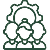 Illustration of three people connected inside a large gear representing teamwork and operations.