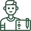 Icon of a smiling graphic designer holding color swatches and a pencil.