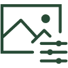 Icon showing a photo frame with a mountain and sun plus a speech bubble containing a horizontal bar chart.