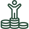Person standing on stacked coins with upward arrow symbolizing financial success and growth.
