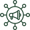 Icon of a loudspeaker connected to six nodes representing social media marketing network.