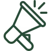Green megaphone with sound lines indicating announcement or communication.